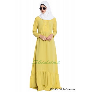 Frilled abaya dress with pintucks- Lemon Yellow